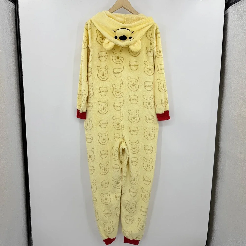 Disney Winnie the Pooh Fleece Hooded One Piece Pajamas Union Suit Yellow Medium - Picture 3 of 6